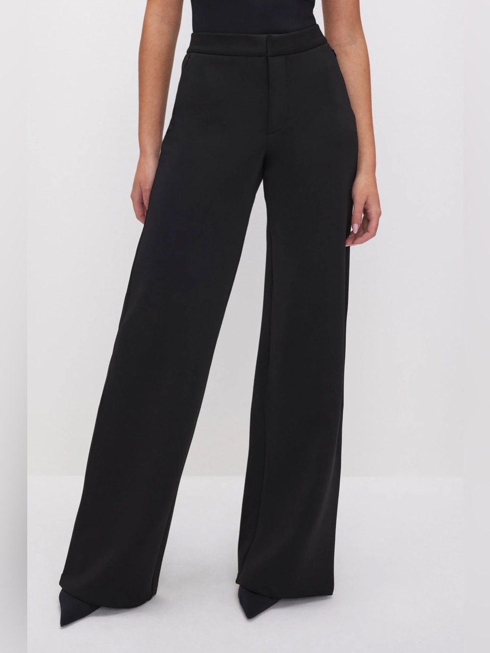 Good American Black High-Waist Wide-Leg Pleated Scuba Trousers